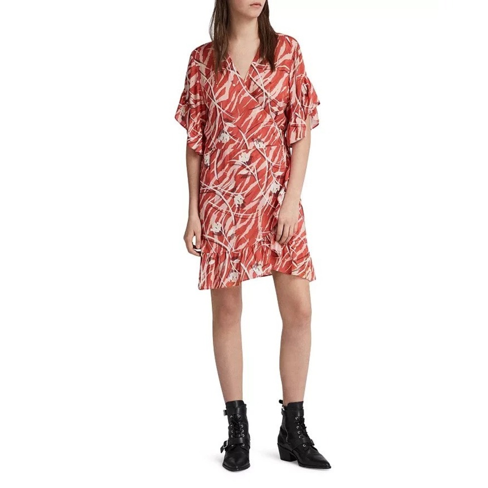 Allsaints Marlow Kazuno Dress Red White Floral Mini Wrap Dress